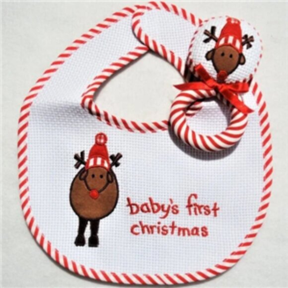 Baby's 1st Christmas Embroidered Reindeer Bib & Soft Rattle Set Hand Crafted - Picture 1 of 7
